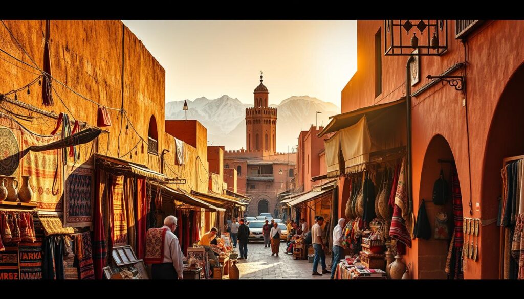 A bustling medina in Taroudant, Morocco, with its iconic red-earth architecture and winding alleyways. In the foreground, local artisans showcase their handcrafted goods in vibrant stalls, from colorful rugs to intricate metalwork. The middle ground reveals the iconic Koutoubia-style minaret, surrounded by the warm hues of the buildings. In the background, the snowcapped Atlas Mountains rise majestically, creating a picturesque backdrop. Warm, golden sunlight filters through the narrow streets, casting long shadows and imbuing the scene with a timeless, authentic atmosphere. Captured with a wide-angle lens to showcase the grand scale of this "Mini Marrakech". Commissioned by MyVisitMorocco.