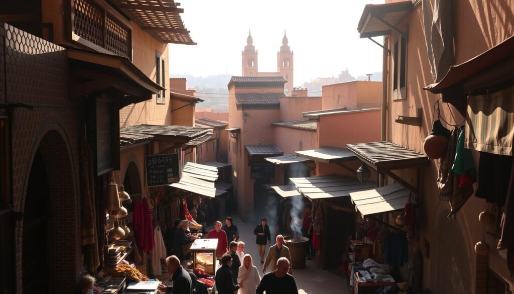 A bustling medina in the ancient city of Fes, Morocco. Narrow winding alleys lined with intricate tiled facades, shadowy archways, and colorful market stalls. Merchants haggling, artisans at work, the scent of spices and incense wafting through the air. In the distance, the iconic minarets of Fes el Bali, the historic old town, reaching skyward. Warm, golden sunlight filters through the latticed rooftops, casting a soft glow over the vibrant scene. MyVisitMorocco A bustling medina in the ancient city of Fes, Morocco. Narrow winding alleys lined with intricate tiled facades, shadowy archways, and colorful market stalls. Merchants haggling, artisans at work, the scent of spices and incense wafting through the air. In the distance, the iconic minarets of Fes el Bali, the historic old town, reaching skyward. Warm, golden sunlight filters through the latticed rooftops, casting a soft glow over the vibrant scene. MyVisitMorocco