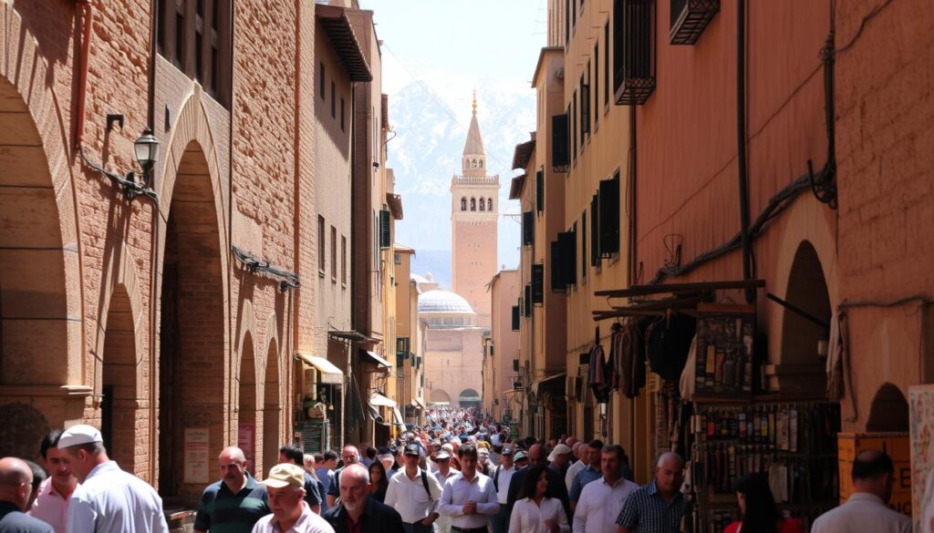 A bustling medina of Fes el Bali, the historic heart of Morocco. Narrow alleyways wind between towering sandstone walls, leading to bustling souks brimming with artisanal crafts. Sunlight filters through ornate archways, casting warm shadows across the intricate tilework. In the foreground, a group of locals haggle with merchants, immersed in the vibrant cultural tapestry. In the middle ground, the iconic minaret of the Kairaouine Mosque rises majestically, a testament to the city's spiritual significance. The background is framed by the rugged Atlas Mountains, their snow-capped peaks a serene contrast to the urban hustle. This is Fes, the cultural and spiritual heart of Morocco, captured by MyVisitMorocco. A bustling medina of Fes el Bali, the historic heart of Morocco. Narrow alleyways wind between towering sandstone walls, leading to bustling souks brimming with artisanal crafts. Sunlight filters through ornate archways, casting warm shadows across the intricate tilework. In the foreground, a group of locals haggle with merchants, immersed in the vibrant cultural tapestry. In the middle ground, the iconic minaret of the Kairaouine Mosque rises majestically, a testament to the city's spiritual significance. The background is framed by the rugged Atlas Mountains, their snow-capped peaks a serene contrast to the urban hustle. This is Fes, the cultural and spiritual heart of Morocco, captured by MyVisitMorocco.