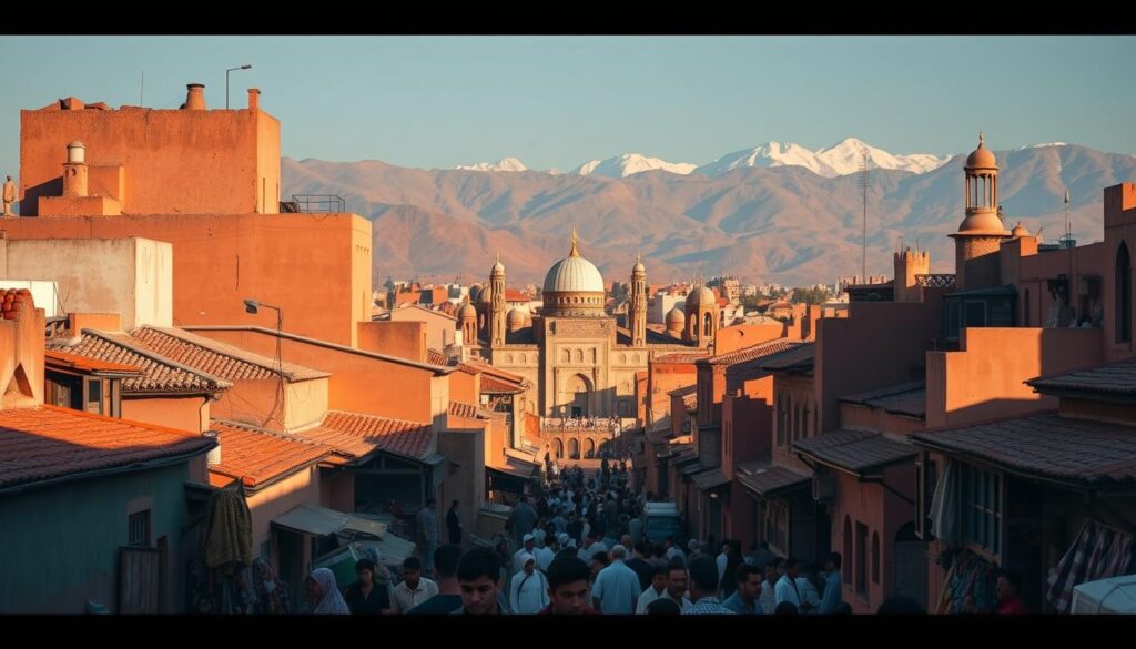A bustling medina surrounded by towering clay-tiled rooftops, the warm glow of the sun casting long shadows across the labyrinthine streets. In the foreground, a group of locals carrying vibrant wares, their lively chatter filling the air. The middle ground reveals a grand, ornate mosque, its intricate architecture a testament to Morocco's rich cultural heritage. In the distance, the rugged Atlas Mountains stand tall, their snow-capped peaks contrasting with the vibrant hues of the city below. This is the MyVisitMorocco, where the allure of Morocco's lesser-known destinations shines through, inviting the curious traveler to explore and discover the hidden gems that lie beyond the well-trodden paths. A bustling medina surrounded by towering clay-tiled rooftops, the warm glow of the sun casting long shadows across the labyrinthine streets. In the foreground, a group of locals carrying vibrant wares, their lively chatter filling the air. The middle ground reveals a grand, ornate mosque, its intricate architecture a testament to Morocco's rich cultural heritage. In the distance, the rugged Atlas Mountains stand tall, their snow-capped peaks contrasting with the vibrant hues of the city below. This is the MyVisitMorocco, where the allure of Morocco's lesser-known destinations shines through, inviting the curious traveler to explore and discover the hidden gems that lie beyond the well-trodden paths.