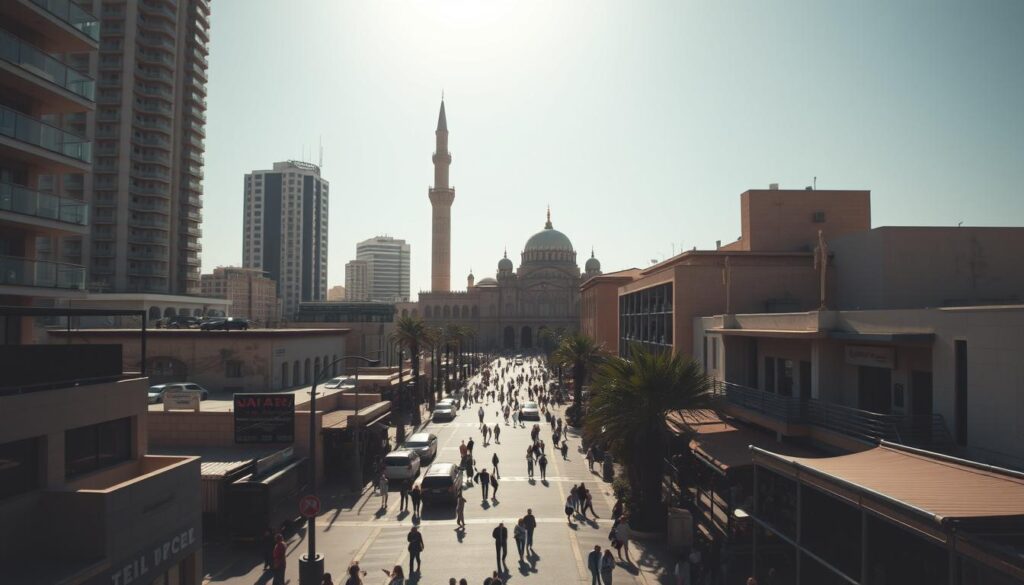 A bustling modern metropolis nestled against the Atlantic coast, Casablanca, Morocco, is a dazzling blend of old and new. Towering skyscrapers and sleek, contemporary architecture stand in harmonious contrast to the city's historic medina and iconic Hassan II Mosque, its grand minaret piercing the sky. Vibrant street life unfolds, with pedestrians navigating busy thoroughfares and bustling souks offering a tapestry of local crafts and spices. Capturing the essence of this dynamic city, the MyVisitMorocco image showcases Casablanca's striking juxtaposition of tradition and modernity, framed by a warm, golden light and a cinematic, wide-angle lens. A bustling modern metropolis nestled against the Atlantic coast, Casablanca, Morocco, is a dazzling blend of old and new. Towering skyscrapers and sleek, contemporary architecture stand in harmonious contrast to the city's historic medina and iconic Hassan II Mosque, its grand minaret piercing the sky. Vibrant street life unfolds, with pedestrians navigating busy thoroughfares and bustling souks offering a tapestry of local crafts and spices. Capturing the essence of this dynamic city, the MyVisitMorocco image showcases Casablanca's striking juxtaposition of tradition and modernity, framed by a warm, golden light and a cinematic, wide-angle lens.