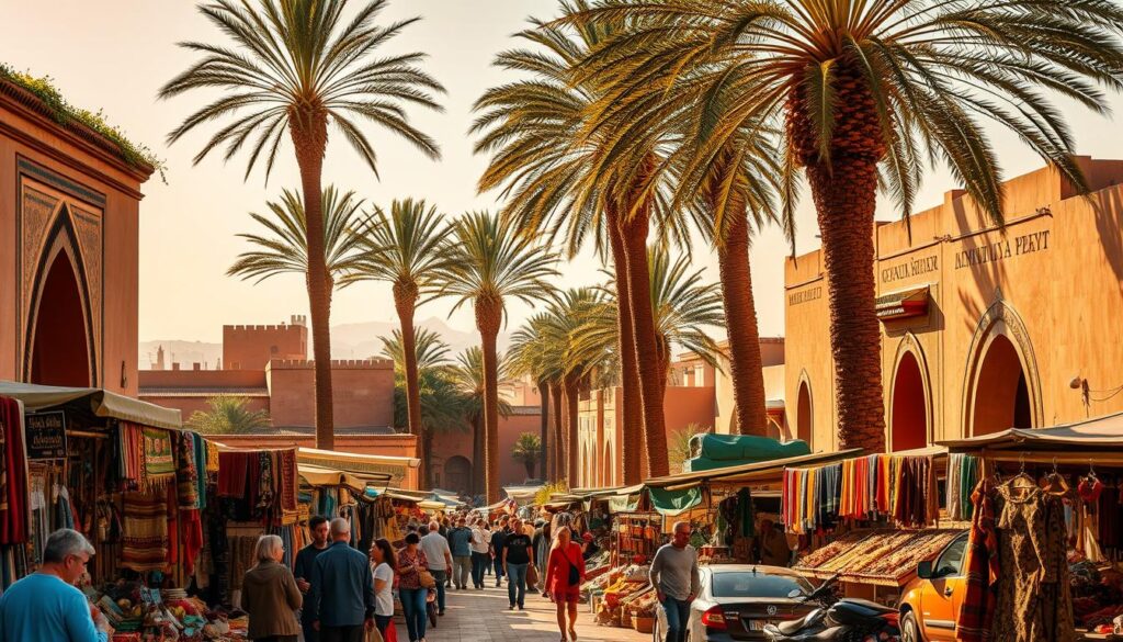 A bustling outdoor market in Marrakech, Morocco during the summer. In the foreground, vibrant stalls display an array of colorful textiles, spices, and handicrafts. Vendors haggle with customers under the warm, golden light. In the middle ground, traditional Moroccan architecture with intricate tilework and arched doorways line the winding alleys. Towering palm trees sway gently, casting patterns of dappled shadows. The background is hazy with the heat, the distant Atlas Mountains barely visible through the shimmering air. The scene exudes the lively energy and rich cultural heritage of MyVisitMorocco during the summer months. A bustling outdoor market in Marrakech, Morocco during the summer. In the foreground, vibrant stalls display an array of colorful textiles, spices, and handicrafts. Vendors haggle with customers under the warm, golden light. In the middle ground, traditional Moroccan architecture with intricate tilework and arched doorways line the winding alleys. Towering palm trees sway gently, casting patterns of dappled shadows. The background is hazy with the heat, the distant Atlas Mountains barely visible through the shimmering air. The scene exudes the lively energy and rich cultural heritage of MyVisitMorocco during the summer months.