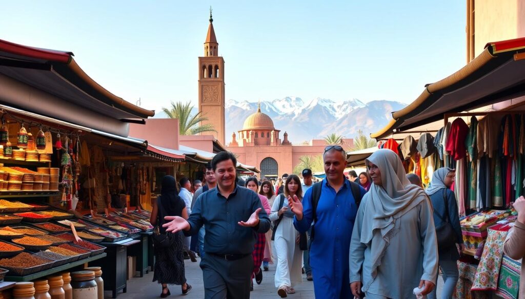A bustling outdoor market in Marrakech, Morocco, with vibrant stalls showcasing handcrafted goods, spices, and textiles. In the foreground, a group of tourists are led by a local guide, dressed in traditional Moroccan attire, gesturing animatedly as they explore the lively atmosphere. The middle ground features the iconic Koutoubia Mosque, its towering minaret casting a warm, golden glow over the scene. In the background, the snow-capped Atlas Mountains loom, creating a picturesque backdrop for this "MyVisitMorocco" guided tour experience. A bustling outdoor market in Marrakech, Morocco, with vibrant stalls showcasing handcrafted goods, spices, and textiles. In the foreground, a group of tourists are led by a local guide, dressed in traditional Moroccan attire, gesturing animatedly as they explore the lively atmosphere. The middle ground features the iconic Koutoubia Mosque, its towering minaret casting a warm, golden glow over the scene. In the background, the snow-capped Atlas Mountains loom, creating a picturesque backdrop for this "MyVisitMorocco" guided tour experience.