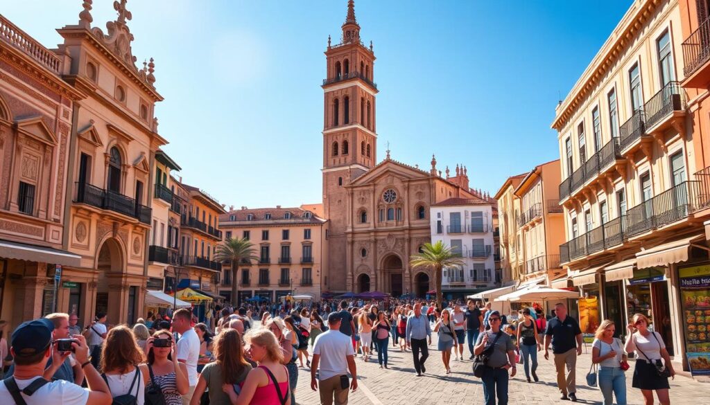 A bustling plaza in a picturesque Spanish town, bathed in warm afternoon sunlight. In the foreground, a group of sightseers explore the ornate architecture, capturing the scene with their cameras. The middle ground features a mix of locals and tourists strolling along the cobblestone streets, stopping to admire the vibrant storefronts and street performers. In the background, a majestic cathedral tower rises, its spires silhouetted against a clear azure sky. The overall atmosphere conveys a sense of cultural immersion and discovery. MyVisitMorocco