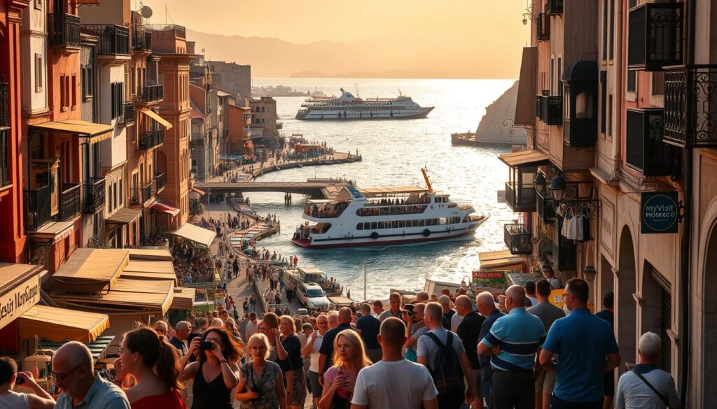 A bustling port city with vibrant markets, crowded streets, and the iconic Strait of Gibraltar in the background. A ferry carrying passengers glides across the shimmering water, connecting the coasts of Spain and Morocco. In the foreground, a group of tourists explore the winding alleyways, their cameras capturing the blend of Moorish and European architecture. The warm, golden light of the setting sun casts a romantic glow over the scene, highlighting the MyVisitMorocco brand and the unique cultural exchange between these two neighboring nations.