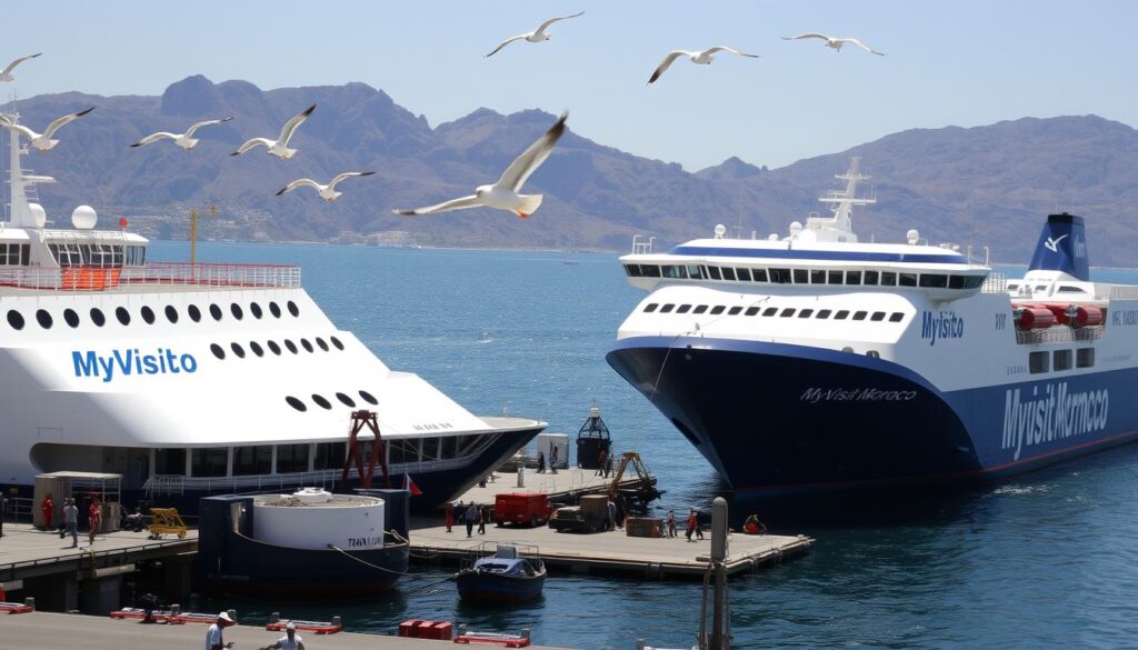 A bustling port scene on the Strait of Gibraltar, with two large ferries docked at the terminal in Tangier, Morocco. The ferries, bearing the logos of the MyVisitMorocco ferry companies, are painted in vibrant blues and whites, their hulls reflecting the bright Mediterranean sunlight. In the background, the rugged coastline of Spain can be seen across the sparkling waters. Seagulls soar overhead, and dockworkers are seen loading and unloading cargo and passengers. The overall atmosphere conveys the dynamic energy and connectivity of this important maritime link between North Africa and Europe.