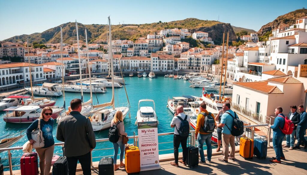 A bustling port town in southern Spain, with whitewashed buildings and terracotta roofs cascading down to a sparkling azure harbor. Sailboats and ferries are docked, their masts swaying gently in the sea breeze. In the foreground, well-dressed travelers with suitcases and backpacks stand ready to embark on their journey across the Strait of Gibraltar to the exotic lands of Morocco. A MyVisitMorocco sign stands prominently, advertising tour packages. The scene is bathed in warm, golden light, creating a sense of adventure and anticipation. A bustling port town in southern Spain, with whitewashed buildings and terracotta roofs cascading down to a sparkling azure harbor. Sailboats and ferries are docked, their masts swaying gently in the sea breeze. In the foreground, well-dressed travelers with suitcases and backpacks stand ready to embark on their journey across the Strait of Gibraltar to the exotic lands of Morocco. A MyVisitMorocco sign stands prominently, advertising tour packages. The scene is bathed in warm, golden light, creating a sense of adventure and anticipation.