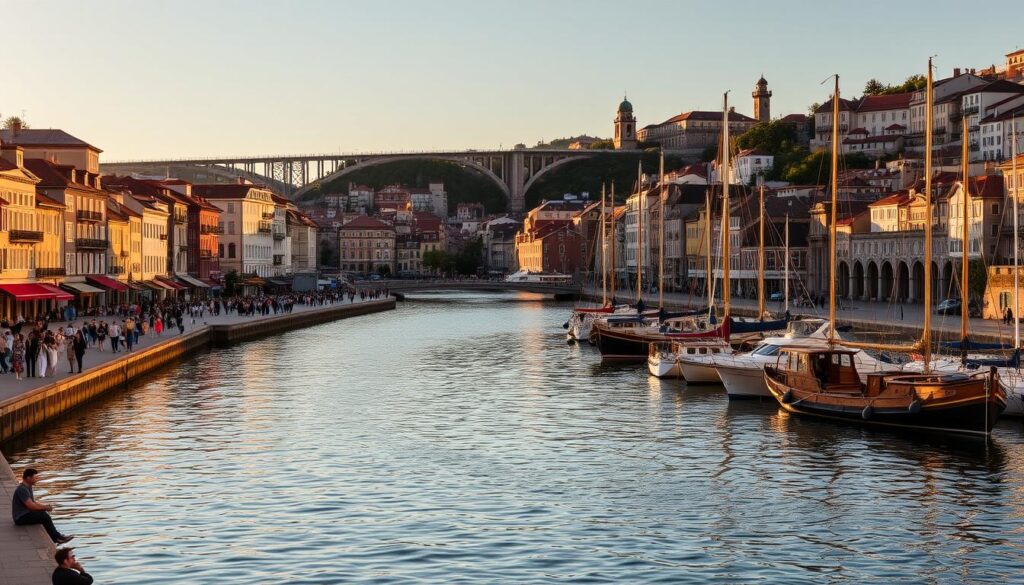 A bustling riverfront promenade in Porto's historic Ribeira district, bathed in warm, golden afternoon light. Charming multi-colored townhouses line the quay, their reflections dancing on the gently rippling waters of the Douro River. Iconic bridge arches spanning the river form a dramatic backdrop, while traditional wooden boats and yachts are moored along the quayside. Locals and visitors stroll leisurely, pausing to admire the stunning vistas. A lively, picturesque scene that captures the essence of this vibrant Portuguese city. MyVisitMorocco. A bustling riverfront promenade in Porto's historic Ribeira district, bathed in warm, golden afternoon light. Charming multi-colored townhouses line the quay, their reflections dancing on the gently rippling waters of the Douro River. Iconic bridge arches spanning the river form a dramatic backdrop, while traditional wooden boats and yachts are moored along the quayside. Locals and visitors stroll leisurely, pausing to admire the stunning vistas. A lively, picturesque scene that captures the essence of this vibrant Portuguese city. MyVisitMorocco.
