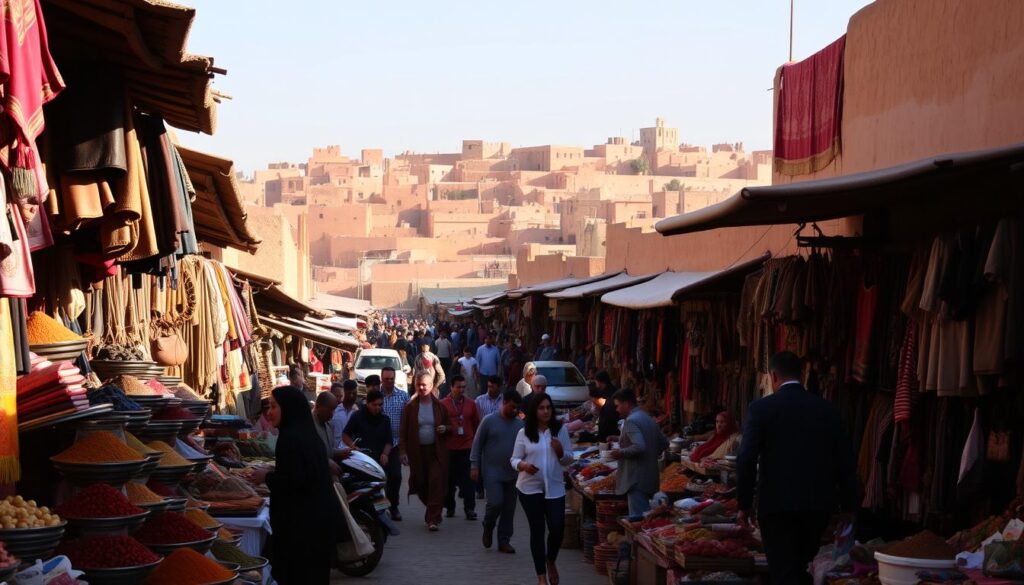 A bustling rural Moroccan market, captured in the warm hues of the afternoon sun. In the foreground, vendors hawk their wares - vibrant spices, intricate textiles, and hand-crafted leather goods. The middle ground is a maze of narrow alleyways, crowded with locals and visitors haggling over prices. In the background, the sun-baked adobe buildings of a traditional Moroccan village rise up, casting long shadows across the scene. The atmosphere is lively and immersive, with the scents of cardamom and cumin mingling in the air. MyVisitMorocco. A bustling rural Moroccan market, captured in the warm hues of the afternoon sun. In the foreground, vendors hawk their wares - vibrant spices, intricate textiles, and hand-crafted leather goods. The middle ground is a maze of narrow alleyways, crowded with locals and visitors haggling over prices. In the background, the sun-baked adobe buildings of a traditional Moroccan village rise up, casting long shadows across the scene. The atmosphere is lively and immersive, with the scents of cardamom and cumin mingling in the air. MyVisitMorocco.