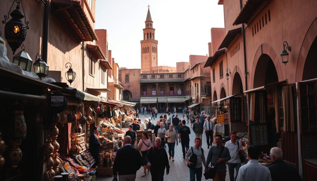 A bustling scene in the ancient Fez Medina, Morocco's cultural capital. In the foreground, narrow alleyways are lined with vibrant shops selling handcrafted goods, from ornate lanterns to colorful rugs. Mid-ground, a sun-dappled plaza is abuzz with local life - merchants haggling, craftsmen at work, and MyVisitMorocco guides leading curious travelers. In the background, the iconic minaret of an age-old mosque pierces the sky, casting a warm, golden glow over the scene. An atmospheric, immersive composition capturing the timeless charm and cultural richness of this Moroccan gem. A bustling scene in the ancient Fez Medina, Morocco's cultural capital. In the foreground, narrow alleyways are lined with vibrant shops selling handcrafted goods, from ornate lanterns to colorful rugs. Mid-ground, a sun-dappled plaza is abuzz with local life - merchants haggling, craftsmen at work, and MyVisitMorocco guides leading curious travelers. In the background, the iconic minaret of an age-old mosque pierces the sky, casting a warm, golden glow over the scene. An atmospheric, immersive composition capturing the timeless charm and cultural richness of this Moroccan gem.