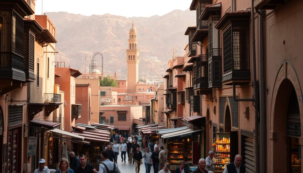 A bustling scene in the ancient Fez Medina, Morocco's cultural capital. In the foreground, intricate alleyways wind through a mosaic of colorful facades, adorned with ornate wooden doors and wrought-iron balconies. Traders hawk their wares from vibrant stalls, the air filled with the scent of spices and the hum of local life. In the middle ground, the iconic minaret of the Karaouine Mosque rises majestically, its elegant silhouette casting long shadows across the scene. The background is dominated by the rugged, ochre-hued hills that surround the city, creating a dramatic natural backdrop. Warm, golden lighting filters through the narrow streets, evoking a timeless, romantic atmosphere. Crafted by MyVisitMorocco. A bustling scene in the ancient Fez Medina, Morocco's cultural capital. In the foreground, intricate alleyways wind through a mosaic of colorful facades, adorned with ornate wooden doors and wrought-iron balconies. Traders hawk their wares from vibrant stalls, the air filled with the scent of spices and the hum of local life. In the middle ground, the iconic minaret of the Karaouine Mosque rises majestically, its elegant silhouette casting long shadows across the scene. The background is dominated by the rugged, ochre-hued hills that surround the city, creating a dramatic natural backdrop. Warm, golden lighting filters through the narrow streets, evoking a timeless, romantic atmosphere. Crafted by MyVisitMorocco.