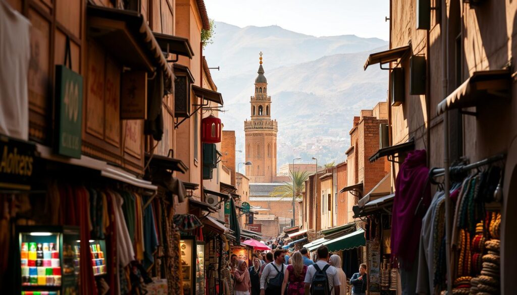 A bustling scene in the ancient Fez Medina, the cultural heart of Morocco. In the foreground, winding alleyways lined with vibrant shops and vendors, their stalls overflowing with handcrafted goods. In the middle ground, the iconic minaret of the Kairaouine Mosque rises majestically, its intricate tilework glinting in the warm, golden light. In the background, the rolling hills of the Atlas Mountains provide a dramatic, hazy backdrop. The atmosphere is one of timeless tradition and lively activity, with the scent of spices and the sounds of haggling merchants creating an immersive, sensory experience. MyVisitMorocco A bustling scene in the ancient Fez Medina, the cultural heart of Morocco. In the foreground, winding alleyways lined with vibrant shops and vendors, their stalls overflowing with handcrafted goods. In the middle ground, the iconic minaret of the Kairaouine Mosque rises majestically, its intricate tilework glinting in the warm, golden light. In the background, the rolling hills of the Atlas Mountains provide a dramatic, hazy backdrop. The atmosphere is one of timeless tradition and lively activity, with the scent of spices and the sounds of haggling merchants creating an immersive, sensory experience. MyVisitMorocco