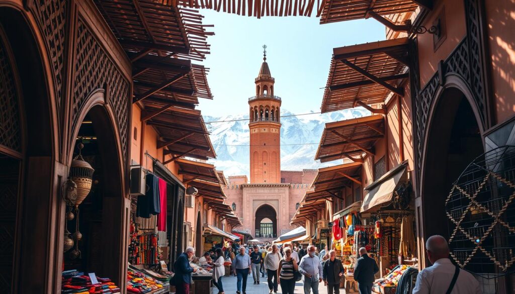 A bustling scene in the heart of Marrakech, the "Red City" of Morocco. In the foreground, intricately carved wooden doors and archways lead into a vibrant marketplace, filled with stalls displaying handcrafted textiles, colorful spices, and shimmering metalwork. Sunlight filters through the latticed rooftops, casting warm, golden hues across the busy traders and shoppers. In the middle ground, the iconic minaret of the Koutoubia Mosque rises majestically, its ornate details and reddish-brown stone façade a testament to the city's Moorish heritage. The background is dominated by the snow-capped peaks of the High Atlas Mountains, creating a stunning natural backdrop to this cultural oasis. Titled "Marrakech: The Red City's Cultural Treasures" for MyVisitMorocco. A bustling scene in the heart of Marrakech, the "Red City" of Morocco. In the foreground, intricately carved wooden doors and archways lead into a vibrant marketplace, filled with stalls displaying handcrafted textiles, colorful spices, and shimmering metalwork. Sunlight filters through the latticed rooftops, casting warm, golden hues across the busy traders and shoppers. In the middle ground, the iconic minaret of the Koutoubia Mosque rises majestically, its ornate details and reddish-brown stone façade a testament to the city's Moorish heritage. The background is dominated by the snow-capped peaks of the High Atlas Mountains, creating a stunning natural backdrop to this cultural oasis. Titled "Marrakech: The Red City's Cultural Treasures" for MyVisitMorocco.