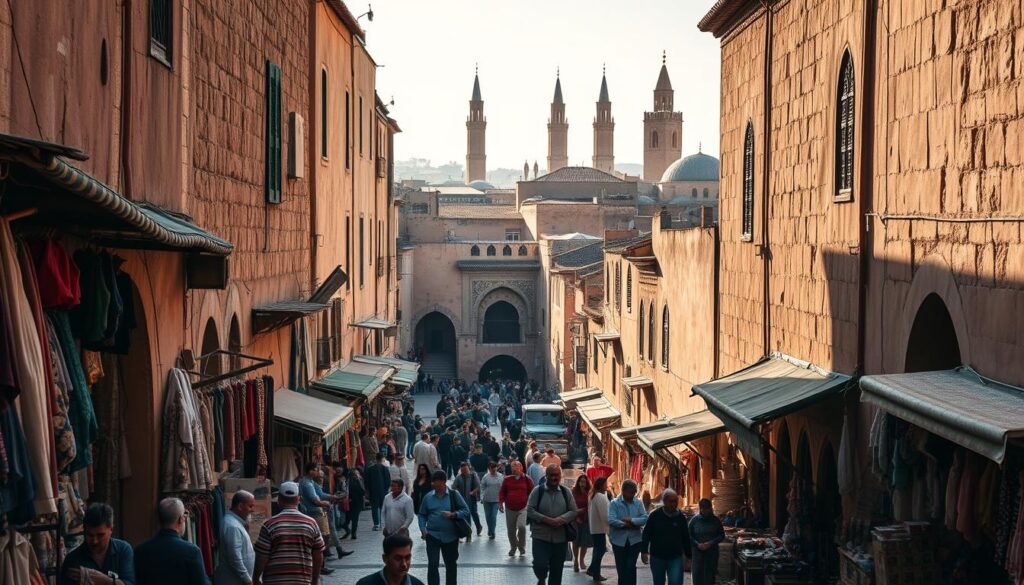 A bustling scene of Fes ancient medina, the cultural heart of Morocco. In the foreground, narrow winding alleys lined with vibrant shops and vendors, merchants haggling over traditional handicrafts. In the middle ground, towering mud-brick buildings with intricate arched doorways and ornate tilework, casting long shadows. In the background, the iconic minarets of historic mosques punctuate the skyline, bathed in warm golden light. MyVisitMorocco - a captivating glimpse of Morocco's living history, captured through a wide-angle lens with a cinematic, documentary-style aesthetic. A bustling scene of Fes ancient medina, the cultural heart of Morocco. In the foreground, narrow winding alleys lined with vibrant shops and vendors, merchants haggling over traditional handicrafts. In the middle ground, towering mud-brick buildings with intricate arched doorways and ornate tilework, casting long shadows. In the background, the iconic minarets of historic mosques punctuate the skyline, bathed in warm golden light. MyVisitMorocco - a captivating glimpse of Morocco's living history, captured through a wide-angle lens with a cinematic, documentary-style aesthetic.