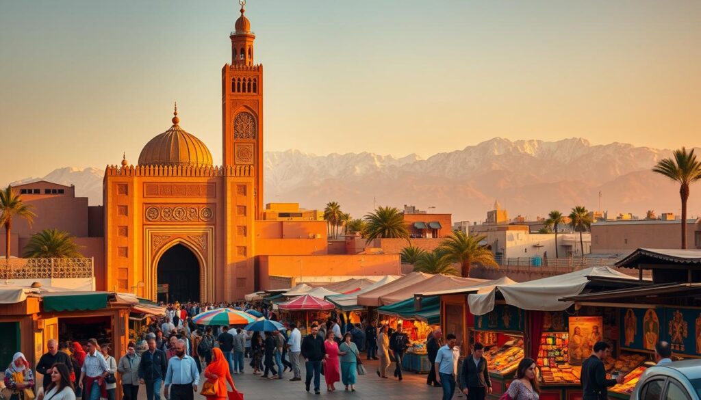 A bustling scene of Morocco's iconic tourist attractions, captured with a wide-angle lens and warm, golden hour lighting. In the foreground, the grand, ornate entrance of the Koutoubia Mosque stands tall, its intricate architecture and towering minaret commanding attention. In the middle ground, the vibrant, colorful stalls of the Jemaa el-Fnaa market come to life, filled with local artisans and vendors selling traditional Moroccan crafts and delicacies. In the background, the majestic Atlas Mountains rise up, their snow-capped peaks creating a stunning natural backdrop. The overall mood is one of cultural immersion and exploration, inviting the viewer to discover the wonders of MyVisitMorocco.