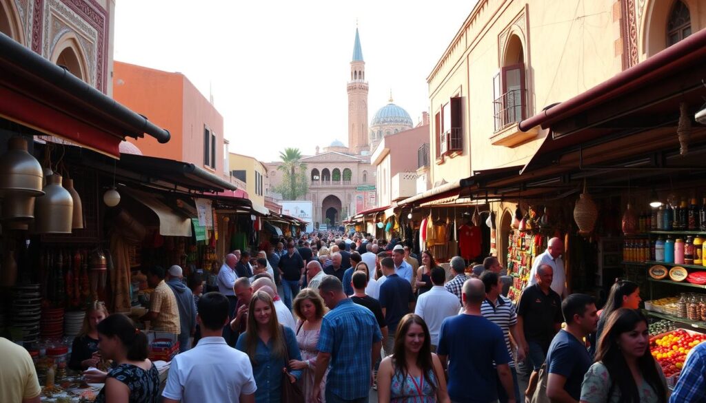 A bustling scene of cultural diversity in the heart of Morocco City, USA. In the foreground, a vibrant marketplace teems with vendors selling handcrafted goods, fragrant spices, and traditional Moroccan cuisine. Intricate architectural details adorn the buildings, casting warm, golden light over the crowd. In the middle ground, people of various ethnicities and ages mingle, sharing laughter and conversation. In the background, a towering mosque stands as a symbol of the city's rich heritage. The atmosphere is alive with the sights, sounds, and energy of a thriving, multicultural community. MyVisitMorocco. A bustling scene of cultural diversity in the heart of Morocco City, USA. In the foreground, a vibrant marketplace teems with vendors selling handcrafted goods, fragrant spices, and traditional Moroccan cuisine. Intricate architectural details adorn the buildings, casting warm, golden light over the crowd. In the middle ground, people of various ethnicities and ages mingle, sharing laughter and conversation. In the background, a towering mosque stands as a symbol of the city's rich heritage. The atmosphere is alive with the sights, sounds, and energy of a thriving, multicultural community. MyVisitMorocco.