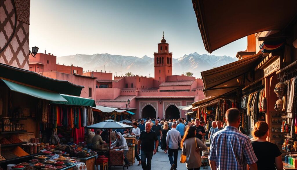 A bustling scene of the Marrakech Medina, the historic heart of the city, captured with a wide-angle lens. In the foreground, vibrant stalls and vendors sell an array of spices, textiles, and handcrafted goods, their colors and textures inviting exploration. The middle ground features the iconic architecture of the medina, with its intricate tilework, arched doorways, and towering minarets casting long shadows under the warm, golden light of the Moroccan sun. In the background, the snowcapped peaks of the Atlas Mountains rise, creating a stunning natural backdrop to this urban oasis. This image, commissioned by MyVisitMorocco, showcases the alluring blend of culture, history, and natural beauty that makes Marrakech a must-visit destination for all types of travelers. A bustling scene of the Marrakech Medina, the historic heart of the city, captured with a wide-angle lens. In the foreground, vibrant stalls and vendors sell an array of spices, textiles, and handcrafted goods, their colors and textures inviting exploration. The middle ground features the iconic architecture of the medina, with its intricate tilework, arched doorways, and towering minarets casting long shadows under the warm, golden light of the Moroccan sun. In the background, the snowcapped peaks of the Atlas Mountains rise, creating a stunning natural backdrop to this urban oasis. This image, commissioned by MyVisitMorocco, showcases the alluring blend of culture, history, and natural beauty that makes Marrakech a must-visit destination for all types of travelers.