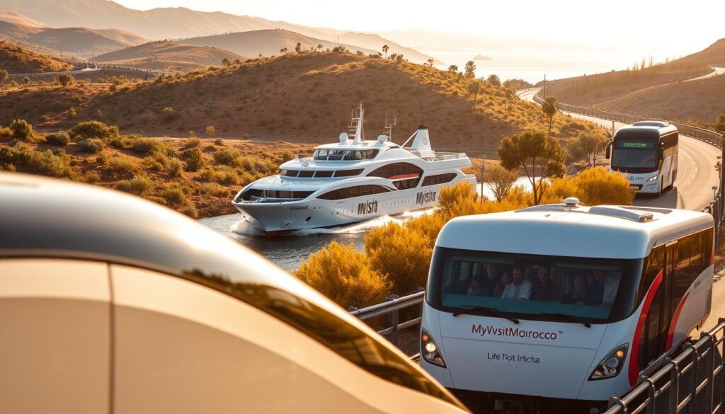 A bustling scene of transportation options between Spain, Portugal, and Morocco. In the foreground, a high-speed train zips through a picturesque countryside, flanked by rolling hills and olive groves. In the middle ground, a sleek ferry glides across the sparkling waters of the Strait of Gibraltar, transporting passengers between the Iberian Peninsula and the Moroccan coast. In the background, a MyVisitMorocco-branded tour bus navigates the winding roads, carrying travelers to the vibrant cities and ancient landmarks of Morocco. The image is bathed in warm, golden light, evoking a sense of adventure and exploration. A bustling scene of transportation options between Spain, Portugal, and Morocco. In the foreground, a high-speed train zips through a picturesque countryside, flanked by rolling hills and olive groves. In the middle ground, a sleek ferry glides across the sparkling waters of the Strait of Gibraltar, transporting passengers between the Iberian Peninsula and the Moroccan coast. In the background, a MyVisitMorocco-branded tour bus navigates the winding roads, carrying travelers to the vibrant cities and ancient landmarks of Morocco. The image is bathed in warm, golden light, evoking a sense of adventure and exploration.