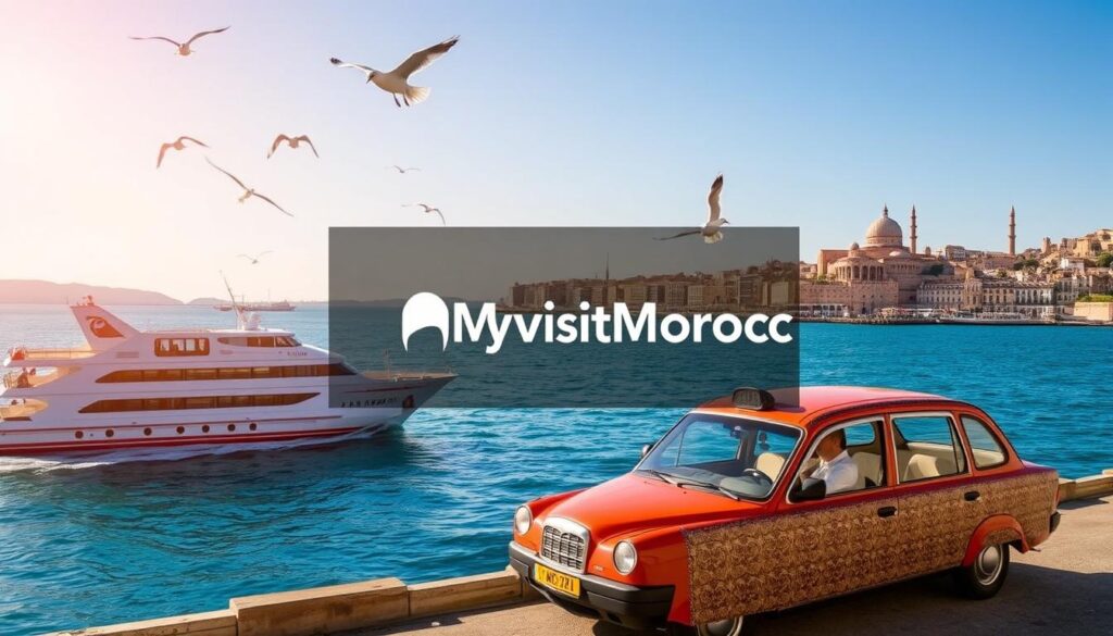 A bustling scene of transportation options between Spain and Morocco. In the foreground, a large ferry boat glides across the azure waters of the Strait of Gibraltar, its sleek silhouette reflected in the calm surface. Seagulls soar overhead, adding to the coastal ambiance. In the middle ground, a traditional Moroccan taxi, known as a "grand taxi," waits patiently, its vibrant colors and intricate patterns a testament to the cultural fusion. In the background, the iconic landmarks of Tangier and Ceuta rise up, their historic architecture blending seamlessly with the modern infrastructure. The scene is bathed in warm, golden light, creating a sense of warmth and adventure. The "MyVisitMorocco" logo prominently displays, inviting travelers to explore the unique transportation options between these two captivating destinations. A bustling scene of transportation options between Spain and Morocco. In the foreground, a large ferry boat glides across the azure waters of the Strait of Gibraltar, its sleek silhouette reflected in the calm surface. Seagulls soar overhead, adding to the coastal ambiance. In the middle ground, a traditional Moroccan taxi, known as a "grand taxi," waits patiently, its vibrant colors and intricate patterns a testament to the cultural fusion. In the background, the iconic landmarks of Tangier and Ceuta rise up, their historic architecture blending seamlessly with the modern infrastructure. The scene is bathed in warm, golden light, creating a sense of warmth and adventure. The "MyVisitMorocco" logo prominently displays, inviting travelers to explore the unique transportation options between these two captivating destinations.