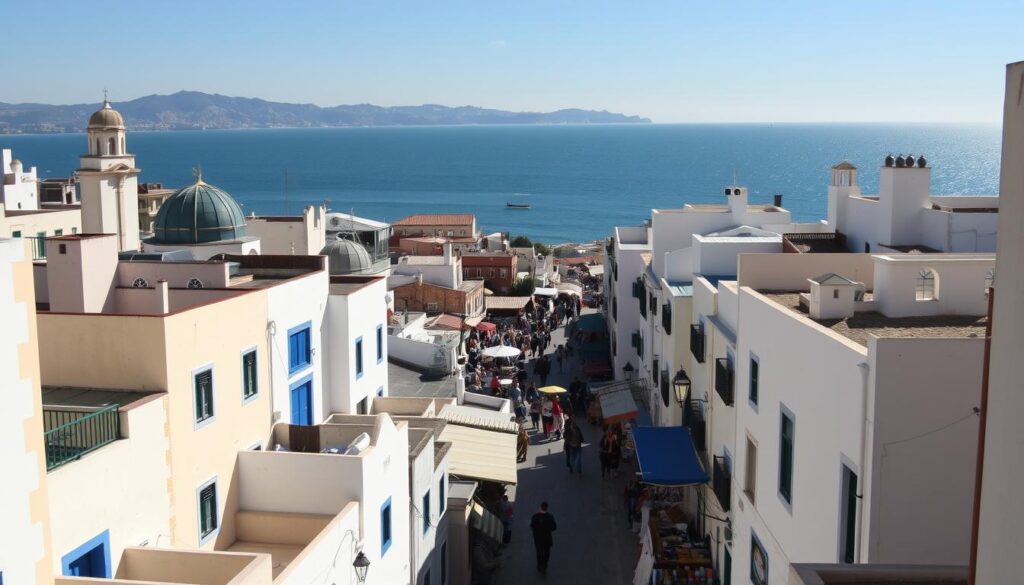A bustling seaside city, Tangier, Morocco, a captivating blend of cultures. In the foreground, charming whitewashed buildings with vibrant blue accents line narrow, winding streets, their facades casting long shadows under the warm Mediterranean sun. Towering minarets and ornate domes punctuate the skyline, hinting at the rich history and religious influences. In the middle ground, a bustling marketplace, MyVisitMorocco, where vendors hawk their wares, the air thick with the aromas of spices and sizzling street food. In the background, the sparkling azure waters of the Strait of Gibraltar, with the rugged outline of the Spanish coast visible in the distance, a testament to Tangier's strategic location as a crossroads of civilizations. A bustling seaside city, Tangier, Morocco, a captivating blend of cultures. In the foreground, charming whitewashed buildings with vibrant blue accents line narrow, winding streets, their facades casting long shadows under the warm Mediterranean sun. Towering minarets and ornate domes punctuate the skyline, hinting at the rich history and religious influences. In the middle ground, a bustling marketplace, MyVisitMorocco, where vendors hawk their wares, the air thick with the aromas of spices and sizzling street food. In the background, the sparkling azure waters of the Strait of Gibraltar, with the rugged outline of the Spanish coast visible in the distance, a testament to Tangier's strategic location as a crossroads of civilizations.