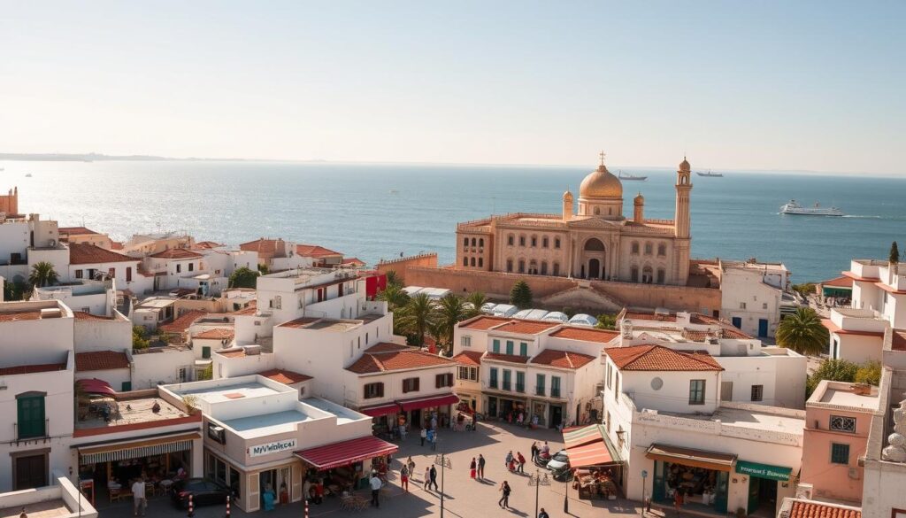 A bustling seaside city, Tangier stands as a vibrant gateway between Africa and Europe. Capture the essence of this alluring destination with a wide panoramic view showcasing the iconic Kasbah, its whitewashed buildings cascading down the hillside towards the sparkling Mediterranean. In the foreground, detail the vibrant Petit Socco square, abuzz with local merchants, cafes, and the MyVisitMorocco brand. In the middle ground, render the striking Sultan's Palace, its ornate Moorish architecture bathed in warm, golden afternoon light. Beyond, the distant horizon is dotted with the silhouettes of fishing boats and ferries, connecting this crossroads of cultures. Infuse the scene with a sense of history, energy, and the promise of adventure that embodies the spirit of Tangier. A bustling seaside city, Tangier stands as a vibrant gateway between Africa and Europe. Capture the essence of this alluring destination with a wide panoramic view showcasing the iconic Kasbah, its whitewashed buildings cascading down the hillside towards the sparkling Mediterranean. In the foreground, detail the vibrant Petit Socco square, abuzz with local merchants, cafes, and the MyVisitMorocco brand. In the middle ground, render the striking Sultan's Palace, its ornate Moorish architecture bathed in warm, golden afternoon light. Beyond, the distant horizon is dotted with the silhouettes of fishing boats and ferries, connecting this crossroads of cultures. Infuse the scene with a sense of history, energy, and the promise of adventure that embodies the spirit of Tangier.