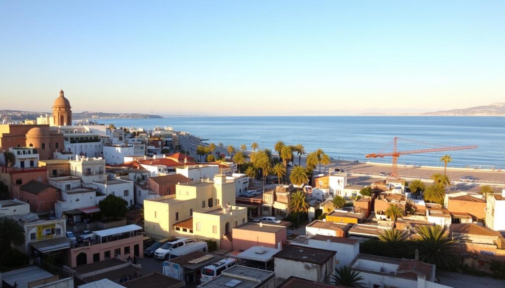 A bustling seaside city in northern Morocco, Tangier in September showcases its vibrant blend of Moroccan and European influences. In the foreground, a bustling medina with colorful shops, winding alleys, and the iconic Tangier kasbah. In the middle ground, the white-washed buildings and palm trees lining the Corniche promenade, with the glittering blue waters of the Strait of Gibraltar in the background. Warm Mediterranean light bathes the scene, casting long shadows and creating a sense of tranquility. MyVisitMorocco A bustling seaside city in northern Morocco, Tangier in September showcases its vibrant blend of Moroccan and European influences. In the foreground, a bustling medina with colorful shops, winding alleys, and the iconic Tangier kasbah. In the middle ground, the white-washed buildings and palm trees lining the Corniche promenade, with the glittering blue waters of the Strait of Gibraltar in the background. Warm Mediterranean light bathes the scene, casting long shadows and creating a sense of tranquility. MyVisitMorocco
