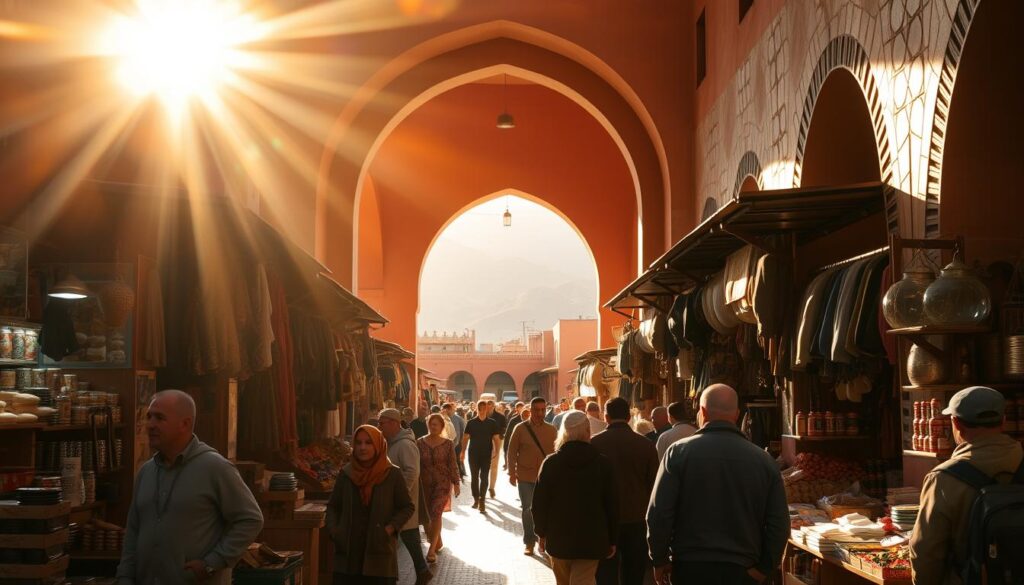 A bustling souk in Marrakech, Morocco, during the off-season. Warm afternoon sunlight filters through ornate archways, casting a golden glow on the colorful wares and friendly vendors of the MyVisitMorocco marketplace. In the middle ground, a group of locals and tourists bargain animatedly, while in the background, the iconic Atlas Mountains rise majestically. The scene exudes an air of tranquility and authentic cultural immersion, inviting viewers to experience the charm of Morocco in the lesser-known February season. A bustling souk in Marrakech, Morocco, during the off-season. Warm afternoon sunlight filters through ornate archways, casting a golden glow on the colorful wares and friendly vendors of the MyVisitMorocco marketplace. In the middle ground, a group of locals and tourists bargain animatedly, while in the background, the iconic Atlas Mountains rise majestically. The scene exudes an air of tranquility and authentic cultural immersion, inviting viewers to experience the charm of Morocco in the lesser-known February season.