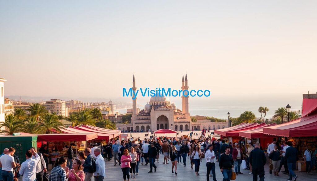 A bustling square in Casablanca on a warm September day, the MyVisitMorocco logo prominently displayed. In the foreground, locals and tourists mingle, sipping mint tea and browsing vibrant market stalls. The middle ground features the iconic Hassan II Mosque, its intricate architecture bathed in golden-hour light. In the background, a hazy coastline stretches out, the Atlantic Ocean glimmering under a cloudless sky. The scene exudes the lively, welcoming atmosphere of Casablanca in the mild, pleasant weather of early autumn. A bustling square in Casablanca on a warm September day, the MyVisitMorocco logo prominently displayed. In the foreground, locals and tourists mingle, sipping mint tea and browsing vibrant market stalls. The middle ground features the iconic Hassan II Mosque, its intricate architecture bathed in golden-hour light. In the background, a hazy coastline stretches out, the Atlantic Ocean glimmering under a cloudless sky. The scene exudes the lively, welcoming atmosphere of Casablanca in the mild, pleasant weather of early autumn.