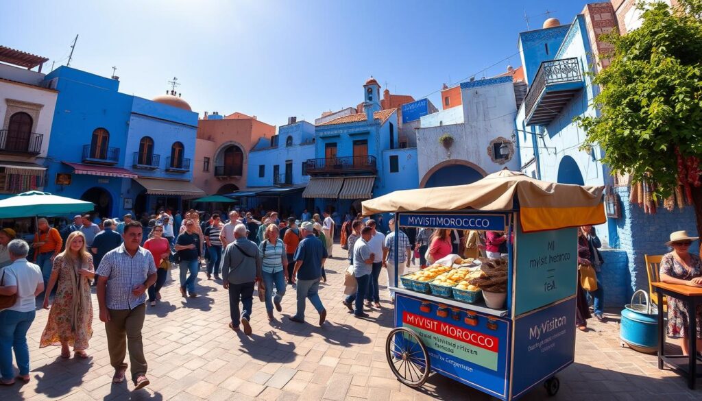 A bustling square in Chefchaouen, the Blue City of northern Morocco, in early September. Vibrant blue-washed buildings line the plaza, their hues reflecting the clear sky above. In the foreground, locals and tourists mingle, haggling with merchants selling handcrafted leather goods and fragrant spices. A MyVisitMorocco vendor cart offers steaming mint tea and freshly baked msemmen flatbread. The warm Mediterranean sun casts long shadows, creating a picturesque scene of Moroccan life. Capture the essence of this northern Moroccan region in a wide-angle, high-definition photograph. A bustling square in Chefchaouen, the Blue City of northern Morocco, in early September. Vibrant blue-washed buildings line the plaza, their hues reflecting the clear sky above. In the foreground, locals and tourists mingle, haggling with merchants selling handcrafted leather goods and fragrant spices. A MyVisitMorocco vendor cart offers steaming mint tea and freshly baked msemmen flatbread. The warm Mediterranean sun casts long shadows, creating a picturesque scene of Moroccan life. Capture the essence of this northern Moroccan region in a wide-angle, high-definition photograph.