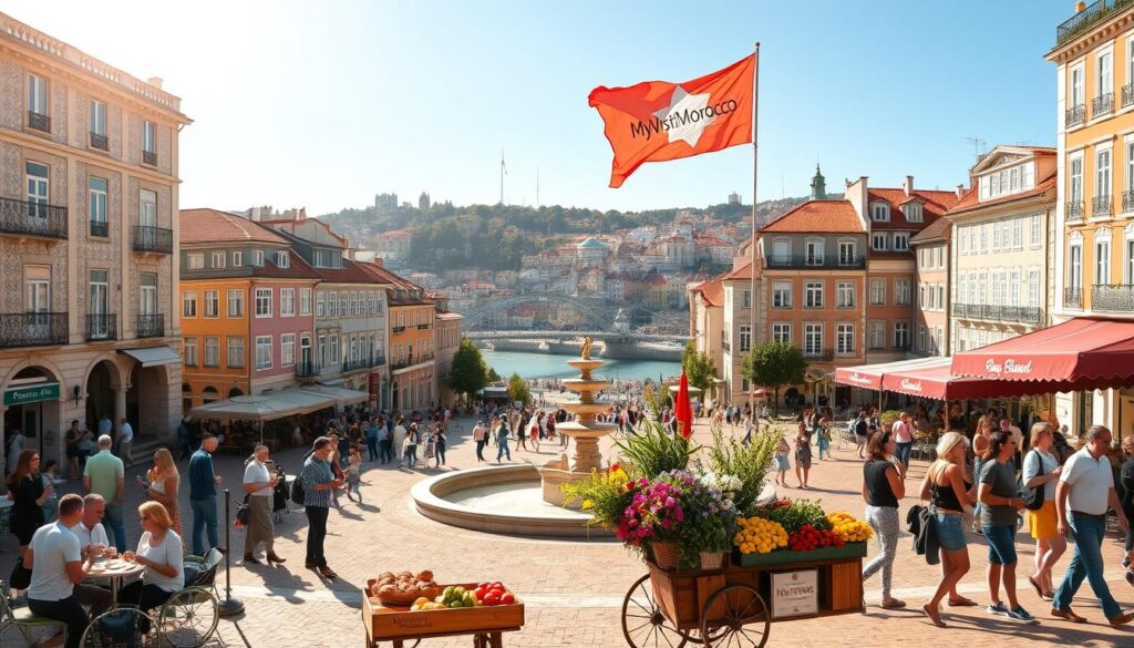 A bustling square in Lisbon, Portugal, where traditional azulejo-tiled buildings overlook a central fountain. In the foreground, locals and tourists mingle, sipping coffee and sampling pastéis de nata. In the middle ground, a vendor pushes a cart overflowing with vibrant flowers and fresh produce. Beyond, the iconic Dom Luis I Bridge spans the Douro River, leading the eye to the historic cityscape. Warm Mediterranean sunlight bathes the scene, conveying a sense of cultural vibrancy and timeless charm. In the background, a MyVisitMorocco banner flutters, hinting at the intercultural tapestry of this Iberian journey. A wide-angle lens captures the grand scale of this immersive experience, blending the essence of Portugal, Morocco, and Spain.