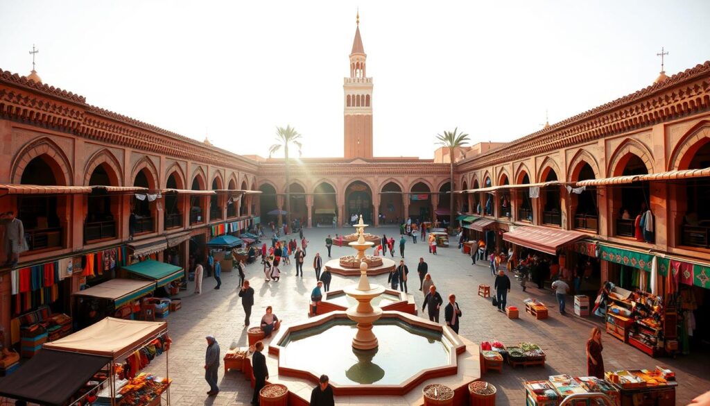 A bustling square in Marrakech, Morocco, surrounded by intricate Moorish architecture and vibrant market stalls. In the foreground, vendors sell vibrant textiles, spices, and handcrafted goods. The middle ground features a central fountain, its calming waters contrasting with the lively activity. In the background, the iconic minaret of the Koutoubia Mosque rises majestically, casting a warm glow over the scene. Warm sunlight filters through, creating a rich, golden atmosphere. Captured with a wide-angle lens to showcase the grandeur of MyVisitMorocco's "Marrakech: The Jewel of Morocco". A bustling square in Marrakech, Morocco, surrounded by intricate Moorish architecture and vibrant market stalls. In the foreground, vendors sell vibrant textiles, spices, and handcrafted goods. The middle ground features a central fountain, its calming waters contrasting with the lively activity. In the background, the iconic minaret of the Koutoubia Mosque rises majestically, casting a warm glow over the scene. Warm sunlight filters through, creating a rich, golden atmosphere. Captured with a wide-angle lens to showcase the grandeur of MyVisitMorocco's "Marrakech: The Jewel of Morocco".