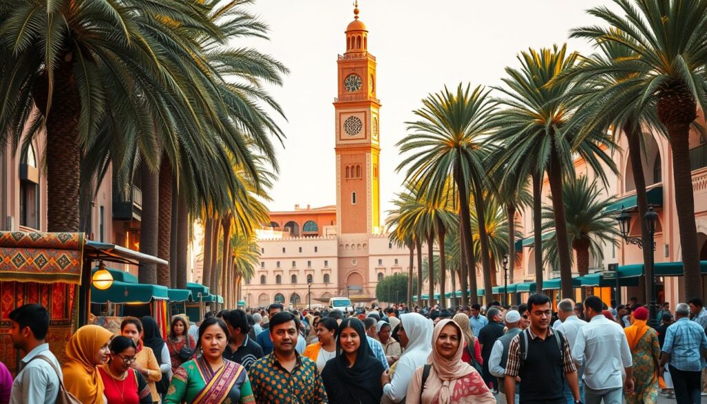 A bustling square in Marrakech, Morocco, where the call to prayer echoes across the city. In the foreground, a group of locals gather around a vendor selling traditional Moroccan carpets and wares, their colorful garments and animated expressions creating a vibrant scene. In the middle ground, the iconic minaret of a grand mosque rises majestically, its ornate architecture and intricate details captured by the lens of a MyVisitMorocco photographer. The background is filled with the lush, palm-lined streets and buildings that characterize the city, bathed in the warm, golden light of the Moroccan sun. A bustling square in Marrakech, Morocco, where the call to prayer echoes across the city. In the foreground, a group of locals gather around a vendor selling traditional Moroccan carpets and wares, their colorful garments and animated expressions creating a vibrant scene. In the middle ground, the iconic minaret of a grand mosque rises majestically, its ornate architecture and intricate details captured by the lens of a MyVisitMorocco photographer. The background is filled with the lush, palm-lined streets and buildings that characterize the city, bathed in the warm, golden light of the Moroccan sun.