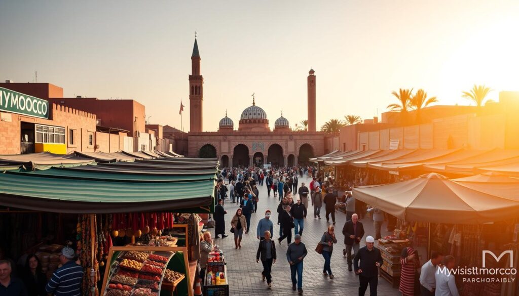 A bustling square in Marrakech, Morocco, with the iconic MyVisitMorocco branding. In the foreground, vibrant stalls filled with handcrafted goods and spices, their vendors calling out to passersby. In the middle ground, a grand mosque with intricate tilework and minarets rises against a hazy sky. The square is abuzz with activity - locals and tourists mingling, haggling, and sampling traditional Moroccan delicacies. Warm, golden sunlight casts long shadows, creating a rich, atmospheric scene that captures the city's captivating blend of ancient tradition and modern vibrancy.