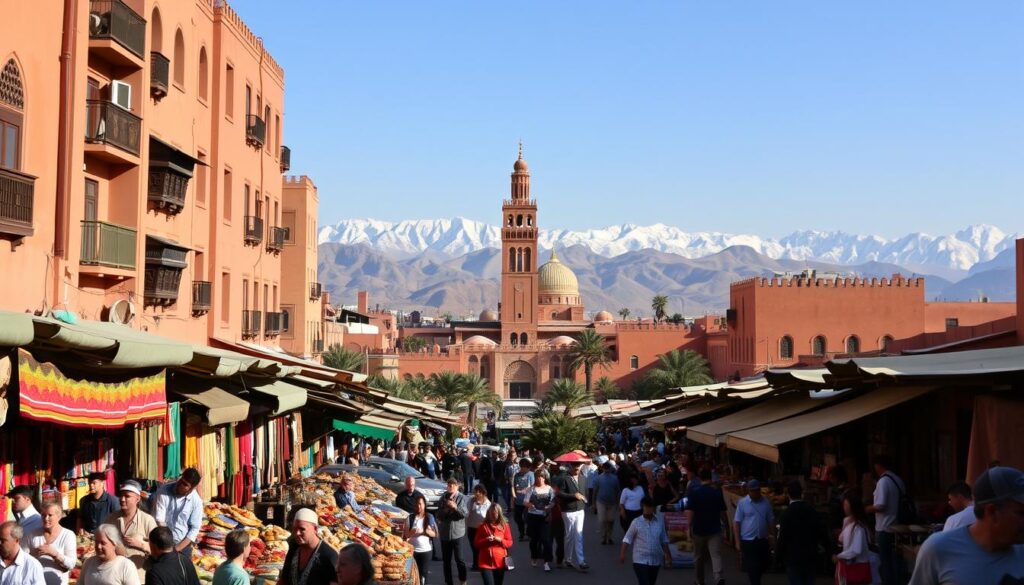 A bustling square in Marrakech, surrounded by towering ochre-hued buildings, their intricate facades casting long shadows. In the foreground, a lively souk teeming with vibrant textiles, spices, and handicrafts. Merchants beckoning passersby, the air thick with the aromas of mint tea and freshly baked bread. In the middle ground, the iconic Koutoubia Mosque, its grand minaret reaching towards the sky. Beyond, the rugged Atlas Mountains rise majestically, their snow-capped peaks glistening in the warm Moroccan sun. The scene exudes a mystical, timeless charm, inviting the viewer to step into the enchanting world of MyVisitMorocco. A bustling square in Marrakech, surrounded by towering ochre-hued buildings, their intricate facades casting long shadows. In the foreground, a lively souk teeming with vibrant textiles, spices, and handicrafts. Merchants beckoning passersby, the air thick with the aromas of mint tea and freshly baked bread. In the middle ground, the iconic Koutoubia Mosque, its grand minaret reaching towards the sky. Beyond, the rugged Atlas Mountains rise majestically, their snow-capped peaks glistening in the warm Moroccan sun. The scene exudes a mystical, timeless charm, inviting the viewer to step into the enchanting world of MyVisitMorocco.