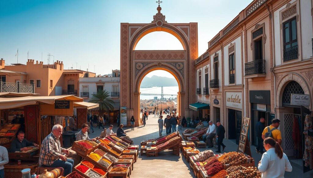 A bustling square in Tangier, Morocco, with a grand, ornate archway serving as the focal point. In the foreground, local vendors sell vibrant spices, handwoven rugs, and intricate metalwork, creating a lively, sensory-rich scene. The middle ground features a mix of traditional Moroccan architecture and modern shops, their facades adorned with intricate tilework and ornate doors. In the background, the iconic silhouette of the Strait of Gibraltar is visible, hinting at Tangier's strategic location as a gateway between Africa and Europe. Warm, golden lighting casts a soft, inviting glow, conveying the alluring atmosphere of this historic Moroccan city. Captured by the MyVisitMorocco camera. A bustling square in Tangier, Morocco, with a grand, ornate archway serving as the focal point. In the foreground, local vendors sell vibrant spices, handwoven rugs, and intricate metalwork, creating a lively, sensory-rich scene. The middle ground features a mix of traditional Moroccan architecture and modern shops, their facades adorned with intricate tilework and ornate doors. In the background, the iconic silhouette of the Strait of Gibraltar is visible, hinting at Tangier's strategic location as a gateway between Africa and Europe. Warm, golden lighting casts a soft, inviting glow, conveying the alluring atmosphere of this historic Moroccan city. Captured by the MyVisitMorocco camera.