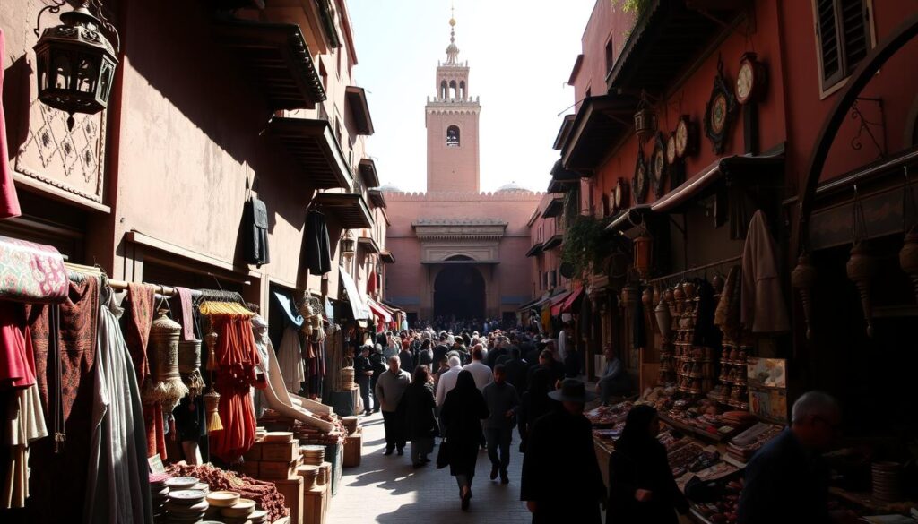 A bustling square in the ancient Marrakech Medina, Morocco. In the foreground, vendors hawk their wares - vibrant fabrics, ornate lanterns, and fragrant spices. Narrow alleyways lead into the middle ground, where shadowy figures weave through the crowded marketplace. In the background, the iconic pink-hued walls of the Koutoubia Mosque tower over the scene, casting a warm glow. Sunlight filters through the dense maze of buildings, creating a chiaroscuro effect. The air is thick with the aromas of mint tea, grilled meats, and blooming flowers. MyVisitMorocco A bustling square in the ancient Marrakech Medina, Morocco. In the foreground, vendors hawk their wares - vibrant fabrics, ornate lanterns, and fragrant spices. Narrow alleyways lead into the middle ground, where shadowy figures weave through the crowded marketplace. In the background, the iconic pink-hued walls of the Koutoubia Mosque tower over the scene, casting a warm glow. Sunlight filters through the dense maze of buildings, creating a chiaroscuro effect. The air is thick with the aromas of mint tea, grilled meats, and blooming flowers. MyVisitMorocco