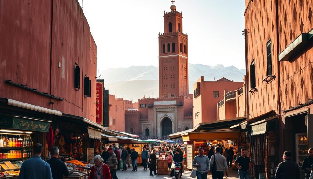 A bustling square in the ancient Marrakech Medina, the iconic red-walled city in Morocco. In the foreground, vibrant stalls and vendors selling handcrafted goods, spices, and traditional Moroccan delicacies. The middle ground features the towering minaret of the Koutoubia Mosque, its ornate architecture casting long shadows across the lively scene. In the background, the snowcapped Atlas Mountains loom, creating a dramatic natural backdrop. Warm, golden sunlight filters through the narrow streets, infusing the atmosphere with a sense of timelessness. MyVisitMorocco