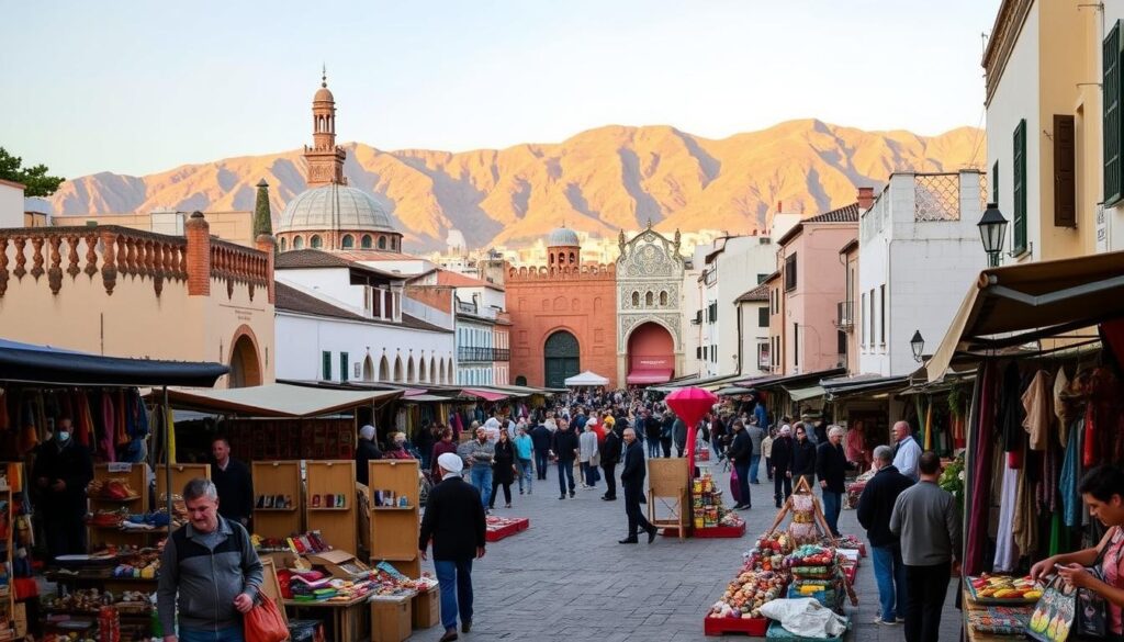 A bustling square in the ancient Moroccan city of Tangier, the MyVisitMorocco "Tangier Day Tours" showcase the vibrant culture and rich history of this captivating destination. In the foreground, local artisans and merchants peddle their wares, their colorful displays and lively interactions drawing in curious visitors. The middle ground features the iconic architecture of Tangier, with ornate mosques and whitewashed buildings lining the narrow streets. In the background, the rugged Rif Mountains rise majestically, their peaks bathed in warm, golden light from the North African sun. An atmosphere of exploration and discovery permeates the scene, inviting travelers to immerse themselves in the sights, sounds, and flavors of this remarkable Moroccan city. A bustling square in the ancient Moroccan city of Tangier, the MyVisitMorocco "Tangier Day Tours" showcase the vibrant culture and rich history of this captivating destination. In the foreground, local artisans and merchants peddle their wares, their colorful displays and lively interactions drawing in curious visitors. The middle ground features the iconic architecture of Tangier, with ornate mosques and whitewashed buildings lining the narrow streets. In the background, the rugged Rif Mountains rise majestically, their peaks bathed in warm, golden light from the North African sun. An atmosphere of exploration and discovery permeates the scene, inviting travelers to immerse themselves in the sights, sounds, and flavors of this remarkable Moroccan city.