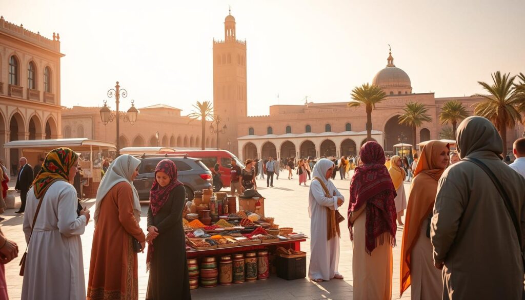 A bustling square in the elegant city of Rabat, Morocco. In the foreground, a group of locals engage in lively conversation, their traditional djellaba robes and colorful headscarves creating a vibrant tapestry. In the middle ground, a vendor's stall overflows with spices, textiles, and handcrafted souvenirs, inviting passersby to explore the rich cultural heritage. In the background, the iconic Hassan Tower and the Mausoleum of Mohammed V stand as silent witnesses to the city's storied past. Warm, golden sunlight filters through the scene, casting a soft, dreamlike glow and evoking a sense of timeless tradition. MyVisitMorocco. A bustling square in the elegant city of Rabat, Morocco. In the foreground, a group of locals engage in lively conversation, their traditional djellaba robes and colorful headscarves creating a vibrant tapestry. In the middle ground, a vendor's stall overflows with spices, textiles, and handcrafted souvenirs, inviting passersby to explore the rich cultural heritage. In the background, the iconic Hassan Tower and the Mausoleum of Mohammed V stand as silent witnesses to the city's storied past. Warm, golden sunlight filters through the scene, casting a soft, dreamlike glow and evoking a sense of timeless tradition. MyVisitMorocco.