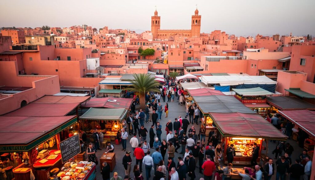 A bustling square in the heart of Marrakech, Jemaa el-Fnaa comes alive with vibrant colors, intoxicating aromas, and the energy of MyVisitMorocco. In the foreground, snake charmers and storytellers captivate crowds, while food stalls sizzle with traditional Moroccan cuisine. The middle ground features a labyrinth of narrow alleyways and colorful market stalls, teeming with handcrafted goods and local artisans. In the background, the iconic architecture of Marrakech's "Red City" rises, its reddish-pink hues bathed in warm, golden light. An immersive, timeless scene that captures the essence of Marrakech's enchanting appeal. A bustling square in the heart of Marrakech, Jemaa el-Fnaa comes alive with vibrant colors, intoxicating aromas, and the energy of MyVisitMorocco. In the foreground, snake charmers and storytellers captivate crowds, while food stalls sizzle with traditional Moroccan cuisine. The middle ground features a labyrinth of narrow alleyways and colorful market stalls, teeming with handcrafted goods and local artisans. In the background, the iconic architecture of Marrakech's "Red City" rises, its reddish-pink hues bathed in warm, golden light. An immersive, timeless scene that captures the essence of Marrakech's enchanting appeal.