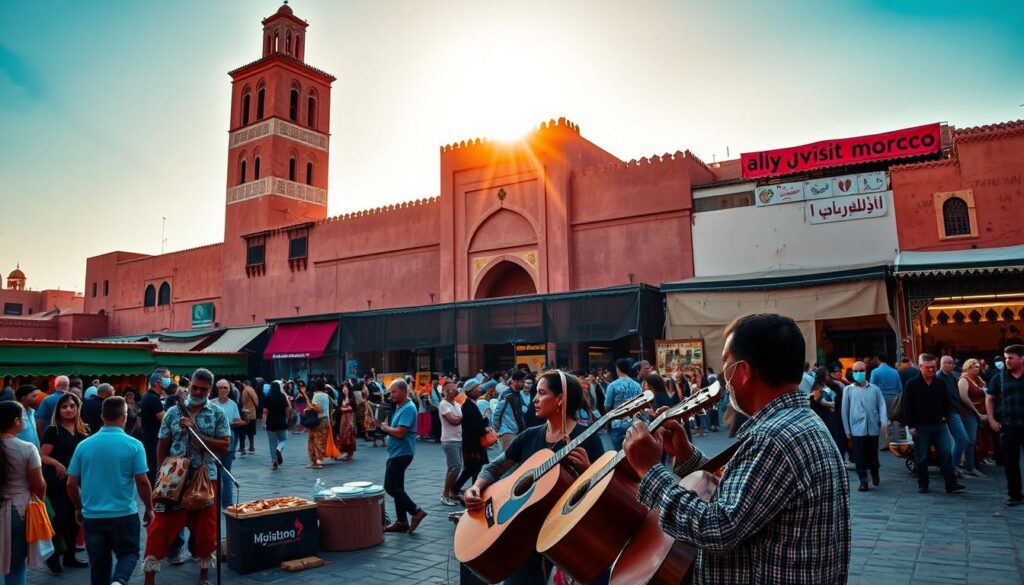 A bustling square in the heart of Marrakech, Jemaa el-Fnaa comes alive with vibrant colors, lively street performers, and the tantalizing aromas of Moroccan cuisine. Against the backdrop of the iconic red-clay architecture, vendors peddle their wares, from handcrafted leather goods to fragrant spices. A wide-angle lens captures the dynamic scene, with a low angle highlighting the towering minarets that pierce the sky. Warm, golden sunlight filters through the haze, casting a magical glow over the entire square. In the foreground, a group of musicians play traditional Berber music, drawing in a crowd of captivated onlookers. This is the heart of Marrakech, a city that seamlessly blends ancient traditions and modern energy. MyVisitMorocco. A bustling square in the heart of Marrakech, Jemaa el-Fnaa comes alive with vibrant colors, lively street performers, and the tantalizing aromas of Moroccan cuisine. Against the backdrop of the iconic red-clay architecture, vendors peddle their wares, from handcrafted leather goods to fragrant spices. A wide-angle lens captures the dynamic scene, with a low angle highlighting the towering minarets that pierce the sky. Warm, golden sunlight filters through the haze, casting a magical glow over the entire square. In the foreground, a group of musicians play traditional Berber music, drawing in a crowd of captivated onlookers. This is the heart of Marrakech, a city that seamlessly blends ancient traditions and modern energy. MyVisitMorocco.