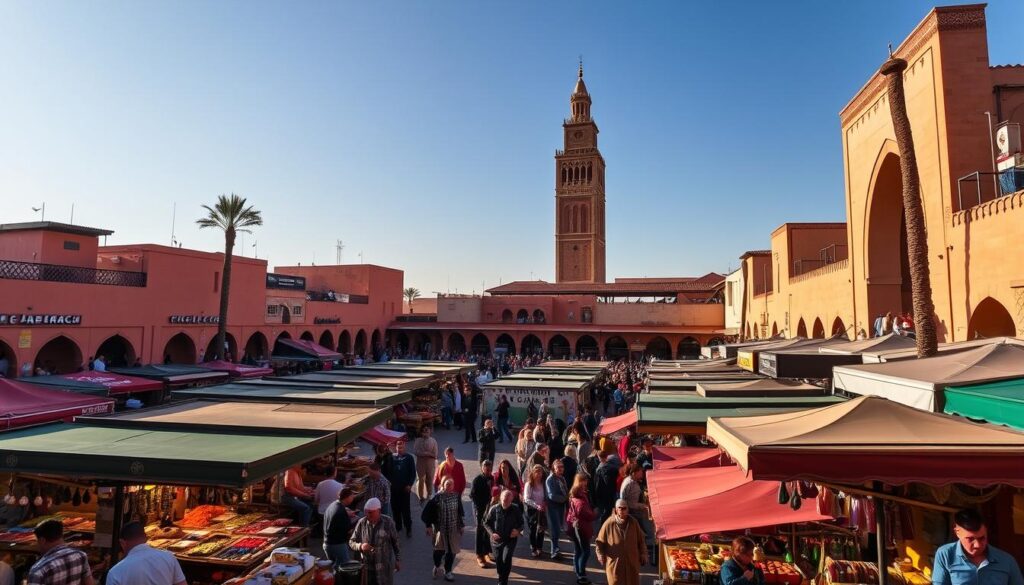 A bustling square in the heart of Marrakech, Jemaa el-Fnaa comes alive with vibrant sights, sounds, and smells. Captured in the golden glow of the afternoon sun, the square teems with snake charmers, storytellers, and vendors selling traditional Moroccan wares. In the foreground, brightly colored stalls offer an array of spices, handicrafts, and street food, while in the middle ground, crowds of locals and tourists mingle amidst the rhythmic beats of Berber music. The towering minaret of the Koutoubia Mosque rises majestically in the background, casting a serene presence over the lively scene. MyVisitMorocco A bustling square in the heart of Marrakech, Jemaa el-Fnaa comes alive with vibrant sights, sounds, and smells. Captured in the golden glow of the afternoon sun, the square teems with snake charmers, storytellers, and vendors selling traditional Moroccan wares. In the foreground, brightly colored stalls offer an array of spices, handicrafts, and street food, while in the middle ground, crowds of locals and tourists mingle amidst the rhythmic beats of Berber music. The towering minaret of the Koutoubia Mosque rises majestically in the background, casting a serene presence over the lively scene. MyVisitMorocco
