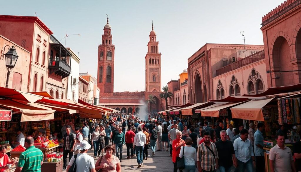 A bustling square in the heart of Marrakech, Jemaa el-Fnaa is a vibrant hub of activity. Capture the energy of this iconic marketplace, with vendors selling spices, handcrafts, and delectable Moroccan cuisine. Showcase the iconic architecture, including the towering minaret of the Koutoubia Mosque and the ornate buildings surrounding the square. Depict the crowds of locals and tourists, showcasing the diversity of this lively gathering place. Utilize warm, saturated tones to convey the sun-drenched atmosphere, and consider a slightly elevated perspective to capture the scale and bustle of the scene. MyVisitMorocco