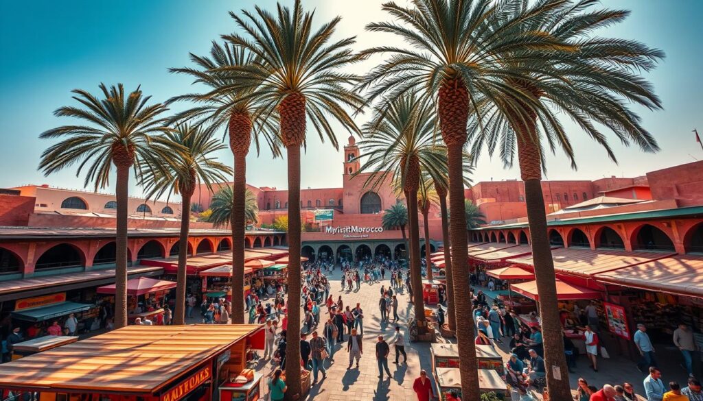 A bustling square in the heart of Marrakech, Jemaa el-Fnaa is a vibrant scene of vendors, performers, and local life. In the foreground, a labyrinth of colorful stalls offer an array of Moroccan crafts, spices, and street food. Towering palm trees and minarets frame the middle ground, casting long shadows across the sun-drenched plaza. In the background, the iconic red walls of the Medina rise up, creating a dramatic backdrop for this iconic Moroccan landmark. Capture the energy and atmosphere of this cultural hub with a wide-angle lens, natural lighting, and a cinematic perspective that showcases the essence of Marrakech. MyVisitMorocco. A bustling square in the heart of Marrakech, Jemaa el-Fnaa is a vibrant scene of vendors, performers, and local life. In the foreground, a labyrinth of colorful stalls offer an array of Moroccan crafts, spices, and street food. Towering palm trees and minarets frame the middle ground, casting long shadows across the sun-drenched plaza. In the background, the iconic red walls of the Medina rise up, creating a dramatic backdrop for this iconic Moroccan landmark. Capture the energy and atmosphere of this cultural hub with a wide-angle lens, natural lighting, and a cinematic perspective that showcases the essence of Marrakech. MyVisitMorocco.
