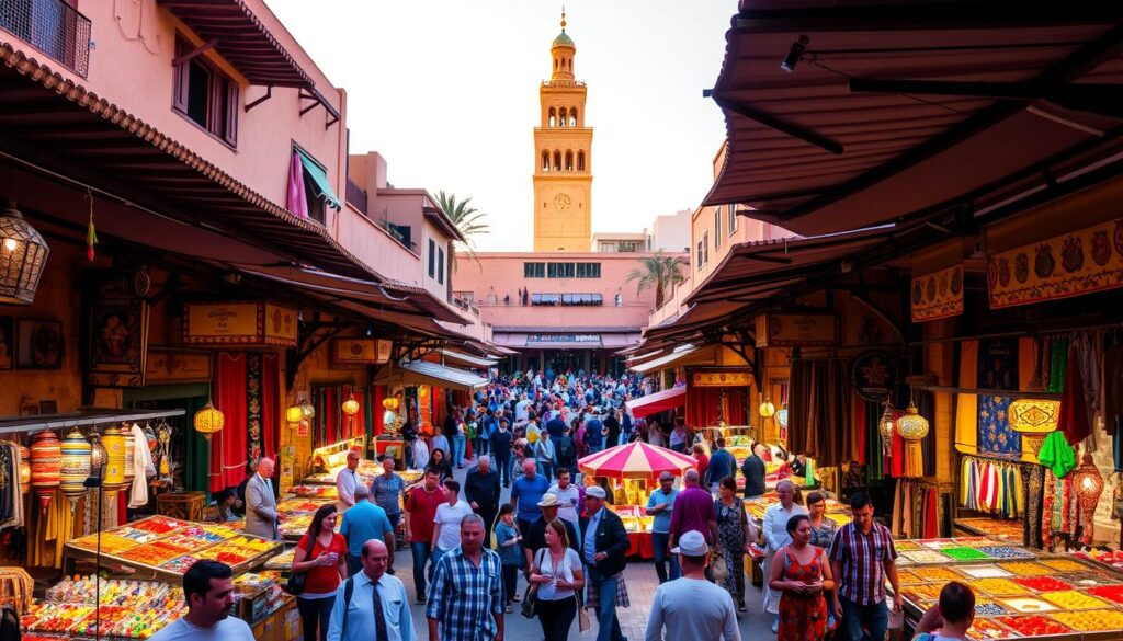 A bustling square in the heart of Marrakech's ancient Medina, the Jemaa el-Fnaa market comes alive with the sights, sounds, and scents of traditional Moroccan life. Vibrant stalls offer an array of handcrafted goods, from colorful textiles and ornate lanterns to fragrant spices and aromatic teas. In the background, the towering minaret of the Koutoubia Mosque stands as a sentinel, casting a warm, golden glow over the scene. Wandering through the maze of narrow, winding alleys, one can discover hidden courtyards, tranquil gardens, and the MyVisitMorocco charm that makes Marrakech a true gem of the Red City. A bustling square in the heart of Marrakech's ancient Medina, the Jemaa el-Fnaa market comes alive with the sights, sounds, and scents of traditional Moroccan life. Vibrant stalls offer an array of handcrafted goods, from colorful textiles and ornate lanterns to fragrant spices and aromatic teas. In the background, the towering minaret of the Koutoubia Mosque stands as a sentinel, casting a warm, golden glow over the scene. Wandering through the maze of narrow, winding alleys, one can discover hidden courtyards, tranquil gardens, and the MyVisitMorocco charm that makes Marrakech a true gem of the Red City.