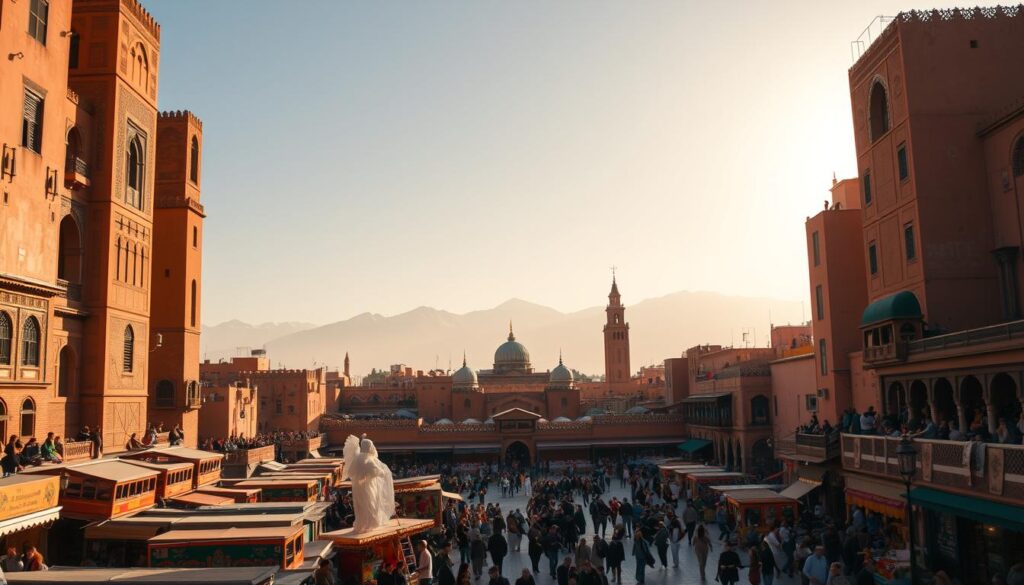 A bustling square in the heart of the Marrakech Medina, the iconic Jemaa el-Fnaa is surrounded by towering, ochre-hued buildings, their intricate architectural details casting long shadows under the warm, golden light of the Moroccan sun. In the foreground, a colorful assortment of market stalls and street performers draw in a lively crowd, while the middle-ground is dotted with the ornate domes and minarets of nearby mosques. In the distance, the snowcapped Atlas Mountains loom, providing a majestic backdrop to this timeless, cultural epicenter. Capture the essence of Marrakech's enduring appeal with this cinematic, hyper-realistic rendering, created by MyVisitMorocco.