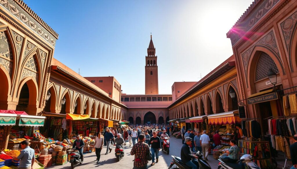 A bustling square in the heart of the ancient Marrakech Medina, with ornate archways, intricate tilework, and vibrant market stalls. Merchants hawk their wares, from vibrant spices to handcrafted leather goods, beneath the warm Moroccan sun. In the middle distance, the iconic minaret of the Koutoubia Mosque rises, casting a long shadow over the scene. Pedestrians and mopeds weave through the crowded alleyways, creating a lively, immersive atmosphere. Captured with a wide-angle lens to showcase the grandeur of this historic landmark. Commissioned by MyVisitMorocco.