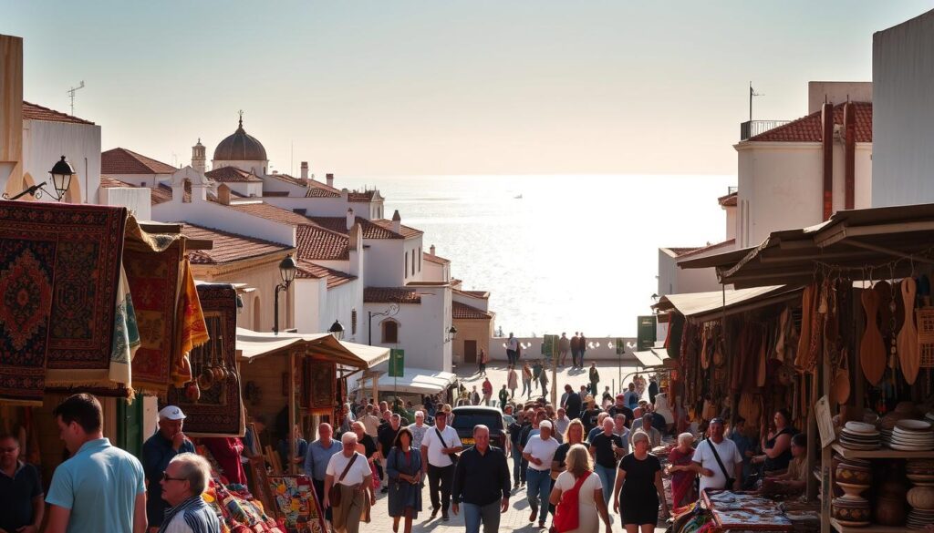 A bustling square in the historic city of Tangier, Morocco, bathed in warm afternoon light. In the foreground, local artisans showcase their intricate handicrafts - vibrant rugs, ornate pottery, and hand-carved wooden trinkets. Pedestrians weave through the bustling scene, immersed in the lively atmosphere. In the middle ground, the iconic whitewashed buildings of the Medina rise up, their terra-cotta roofs and ornate archways reflecting the region's Moorish heritage. In the background, the sparkling waters of the Strait of Gibraltar glimmer, a symbolic gateway between Africa and Europe. This image, captured by MyVisitMorocco, evokes the rich cultural tapestry of Tangier, a captivating destination at the crossroads of civilizations.