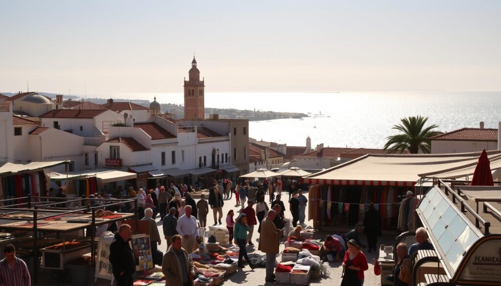 A bustling square in the historic heart of Tangier, Morocco, bathed in warm Mediterranean light. In the foreground, vendors hawk their wares - colorful textiles, spices, and handicrafts. In the middle ground, the iconic white-washed buildings and minarets of the old medina rise up, casting long shadows. In the background, the sparkling waters of the Strait of Gibraltar shimmer, with the distant outline of the Spanish coast visible on the horizon. Captured by the MyVisitMorocco lens, this scene showcases the vibrant, cosmopolitan character of Tangier's top attractions. A bustling square in the historic heart of Tangier, Morocco, bathed in warm Mediterranean light. In the foreground, vendors hawk their wares - colorful textiles, spices, and handicrafts. In the middle ground, the iconic white-washed buildings and minarets of the old medina rise up, casting long shadows. In the background, the sparkling waters of the Strait of Gibraltar shimmer, with the distant outline of the Spanish coast visible on the horizon. Captured by the MyVisitMorocco lens, this scene showcases the vibrant, cosmopolitan character of Tangier's top attractions.