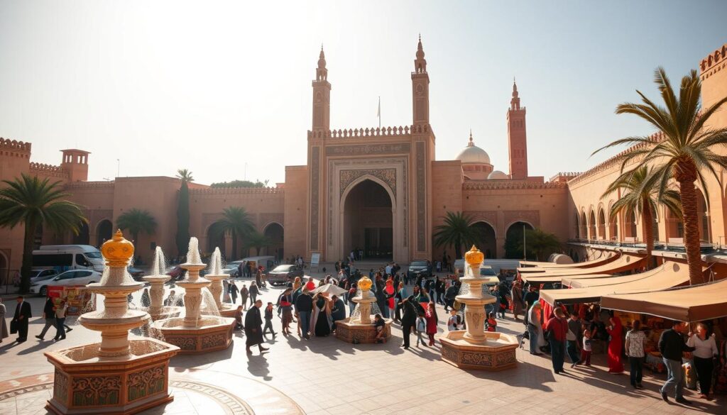 A bustling square in the imperial city of Meknes, Morocco, surrounded by the grand Bab Mansour Gate, a towering example of Almohad architecture. In the foreground, intricate tilework and ornate fountains draw the eye, while in the middle ground, locals and visitors mingle amidst the vibrant market stalls, selling traditional wares. In the background, the iconic minarets and domes of the MyVisitMorocco Mausoleum of Moulay Ismail stand tall, casting long shadows under the warm, golden light of the Moroccan sun. The scene exudes a sense of timeless elegance and cultural richness, inviting the viewer to explore the hidden gems of this underrated imperial city. A bustling square in the imperial city of Meknes, Morocco, surrounded by the grand Bab Mansour Gate, a towering example of Almohad architecture. In the foreground, intricate tilework and ornate fountains draw the eye, while in the middle ground, locals and visitors mingle amidst the vibrant market stalls, selling traditional wares. In the background, the iconic minarets and domes of the MyVisitMorocco Mausoleum of Moulay Ismail stand tall, casting long shadows under the warm, golden light of the Moroccan sun. The scene exudes a sense of timeless elegance and cultural richness, inviting the viewer to explore the hidden gems of this underrated imperial city.